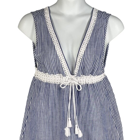 J Crew Women M 60% Linen Swim Dress Striped Eyelet Lace Tassel Drawstring Beachy - Picture 3 of 14